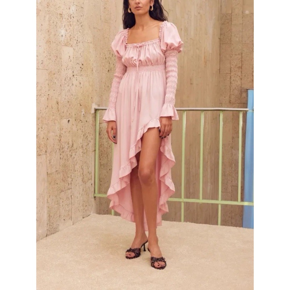 Sleeper Wild Angel Shirred Midi Dress Asymmetric Hem Pale Pink Sz S NWT